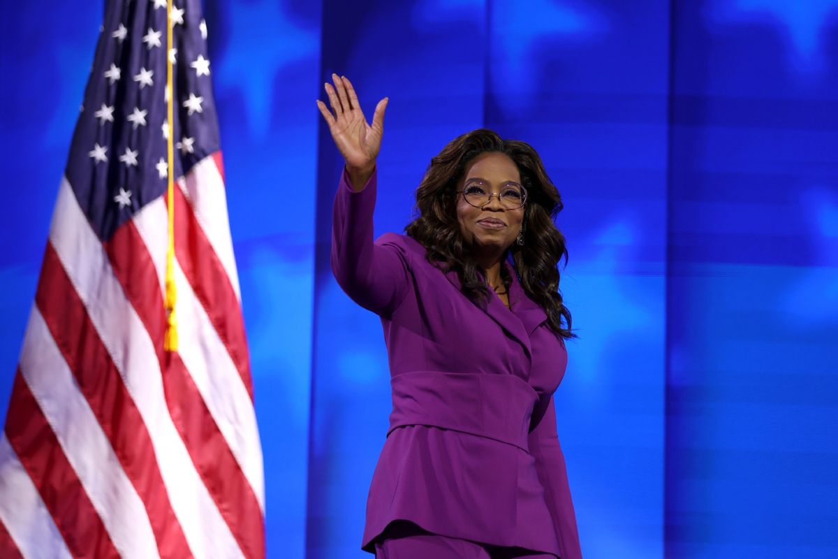 Oprah Winfrey arrives to speak on stage during the third day of the Democratic National Convention at the United Center on August 21, 2024, in Chicago, Illinois.  (Justin Sullivan/Getty Images)