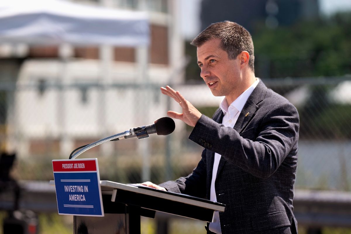 U.S. Transportation Secretary Pete Buttigieg speaks at the site of the former B&M Baked Beans plant on Wednesday, August 7, 2024.  (Gregory Rec/Portland Press Herald via Getty Images)