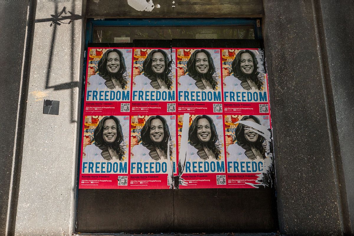 Posters of Democratic presidential candidate, U.S. Vice President Kamala Harris are plastered on a wall in downtown during the first day of the Democratic National Convention (DNC) on August 19, 2024 in Chicago, Illinois. (Brandon Bell/Getty Images)