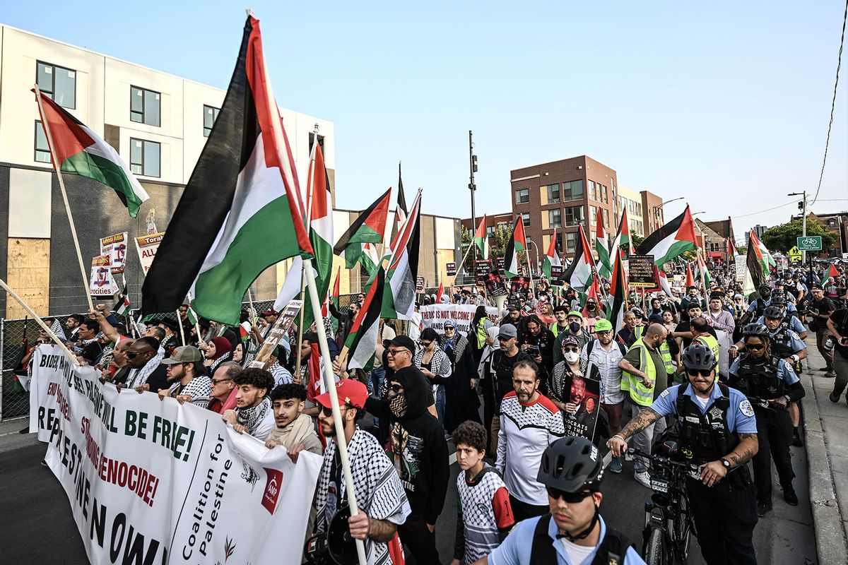 People held a pro-Palestine protest, police take measures on the third day of the Democratic National Convention (DNC) at the United Center in Chicago, Illinois, United States on August 21, 2024. (Fatih Aktas/Anadolu via Getty Images)