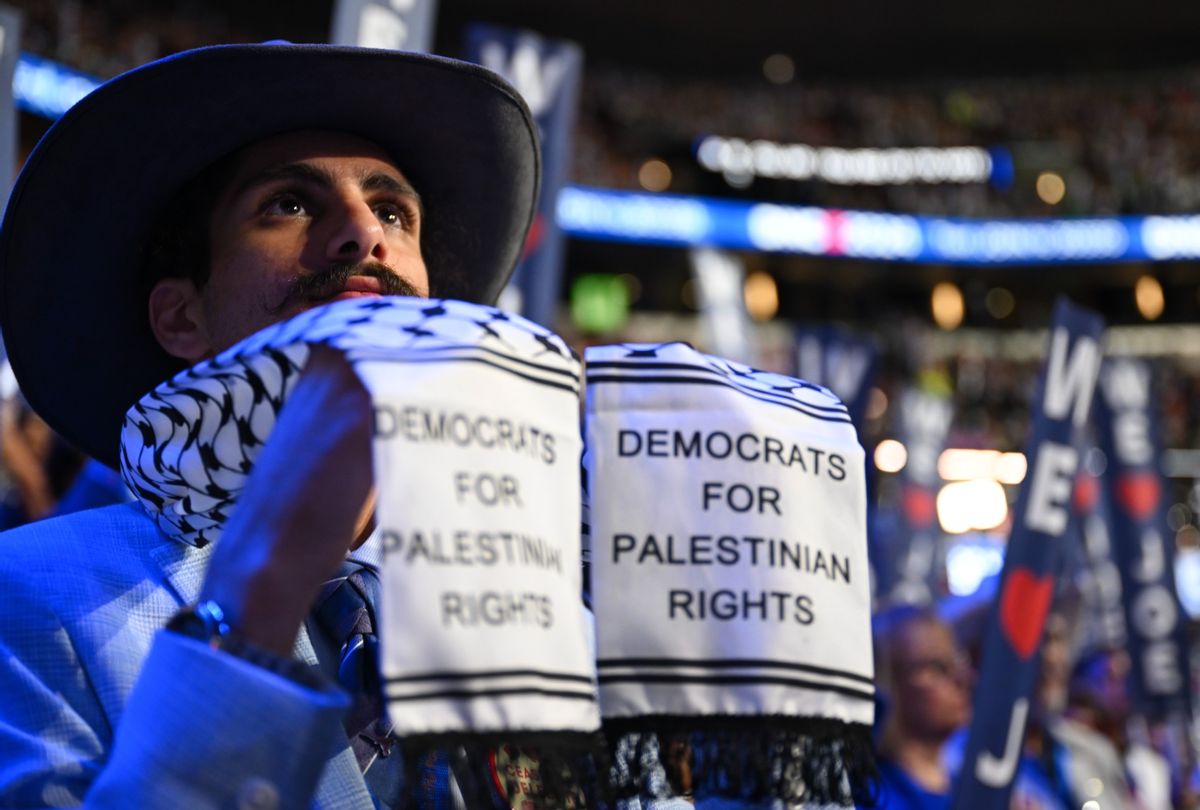 A Palestinian supporter attends the first day of the Democratic National Convention at the United Center on August 19, 2024 in Chicago, Illinois. (Brandon Bell/Getty Images)