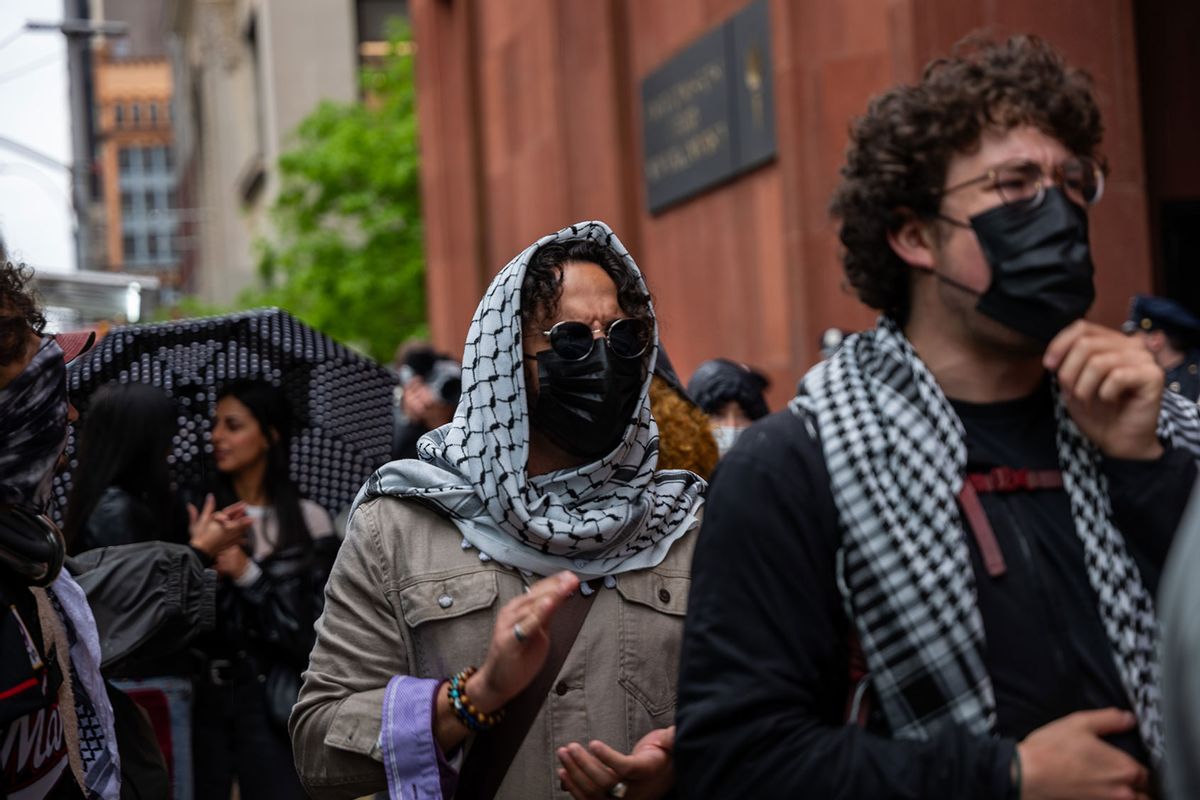 Pro-Palestinian students and other supporters gather outside of the Bobst Library at New York University (NYU) in Manhattan to protest the schools stance on Israel on May 10, 2024 in New York City. (Spencer Platt/Getty Images)