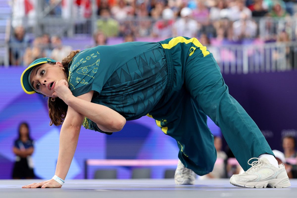 B-Girl Raygun of Team Australia competes during the B-Girls Round Robin - Group B on day fourteen of the Olympic Games Paris 2024 at Place de la Concorde on August 09, 2024 in Paris, France. (Elsa/Getty Images)