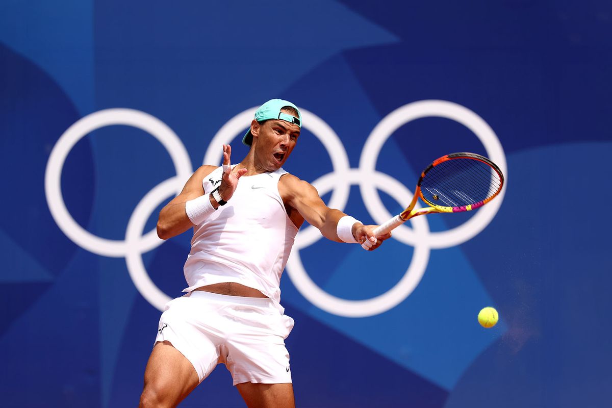 Rafael Nadal of Team Spain plays a forehand during the Tennis training session ahead of the Paris 2024 Olympic Games at Roland Garros on July 24, 2024 in Paris, France. (Clive Brunskill/Getty Images)