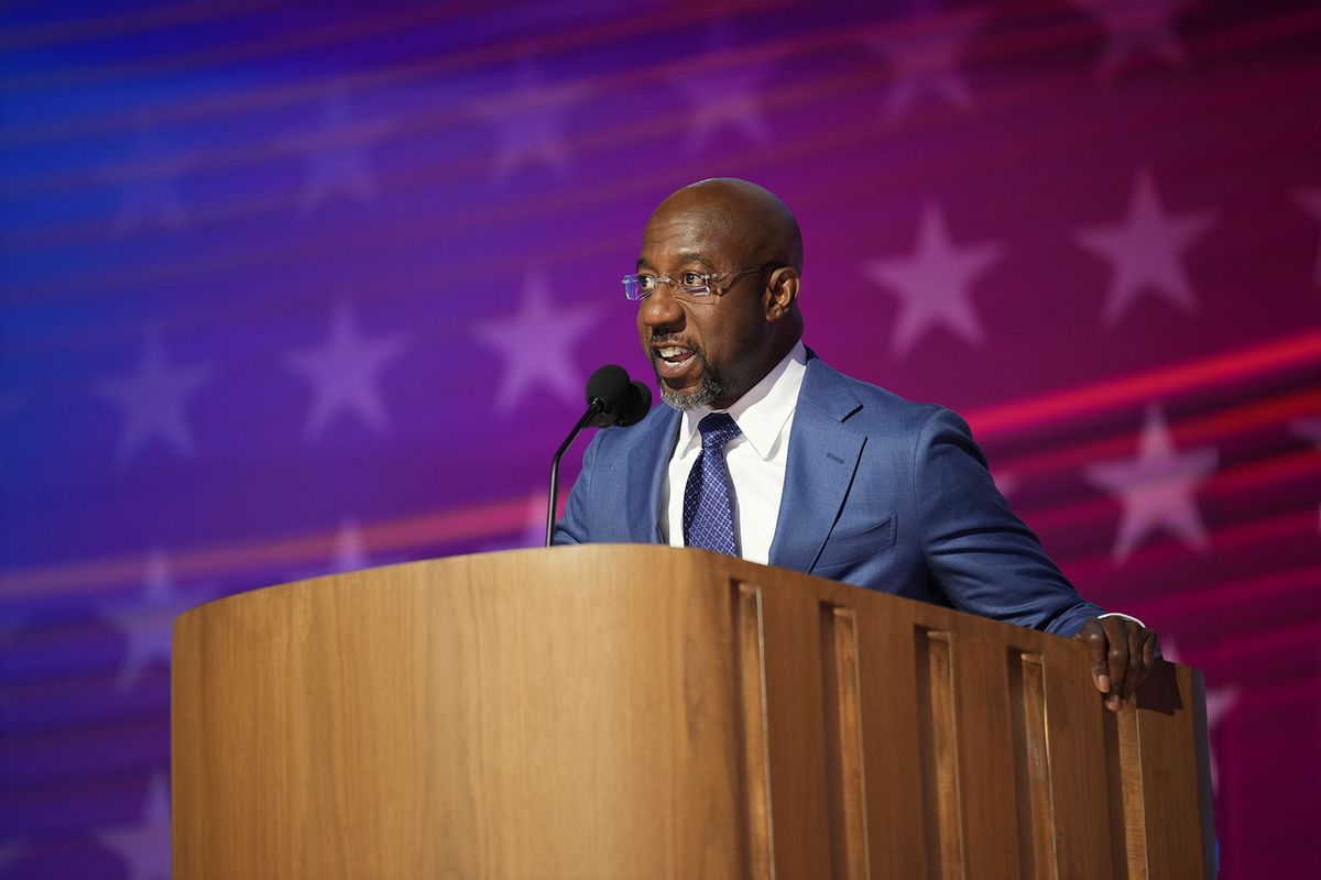 Sen. Raphael Warnock (D-GA) speaks onstage during the first day of the Democratic National Convention at the United Center on August 19, 2024 in Chicago, Illinois. (Andrew Harnik/Getty Images)