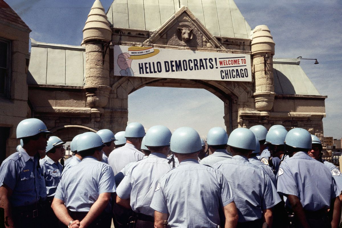 Riot police gathered outside the Democratic National Convention at the International Amphitheatre in Chicago, August 26th 1968. (UPI/Bettmann Archive/Getty Images)