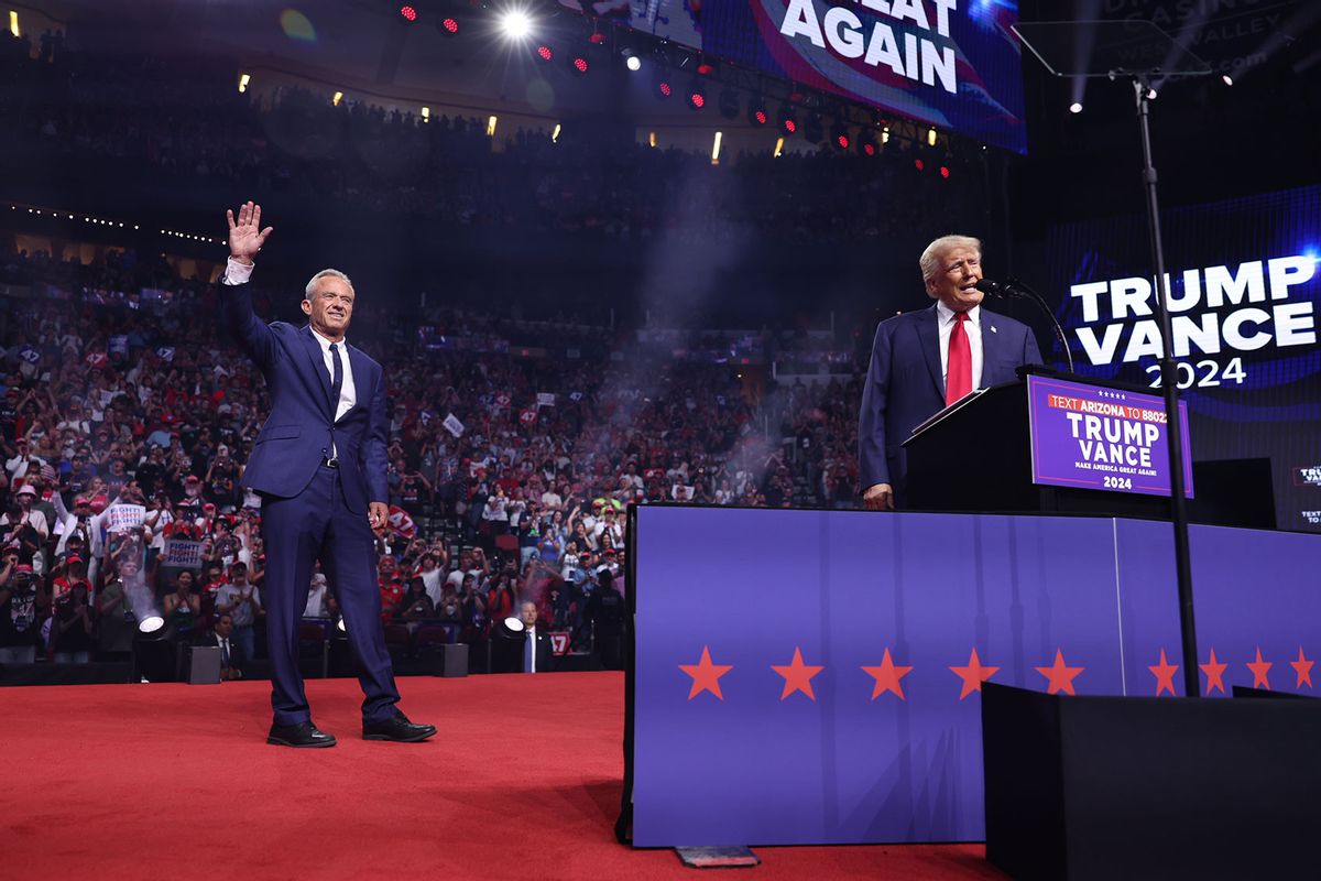 Former president Donald Trump is joined on stage by Robert F. Kennedy Jr. at the Desert Diamond Arena in Glendale, Arizona, on August 23, 2024. (Tom Brenner for The Washington Post via Getty Images)