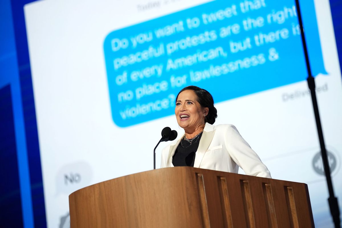 Former Trump White House Press Secretary Stephanie Grisham speaks on stage during the second day of the Democratic National Convention at the United Center on August 20, 2024 in Chicago, Illinois. (Andrew Harnik/Getty Images)