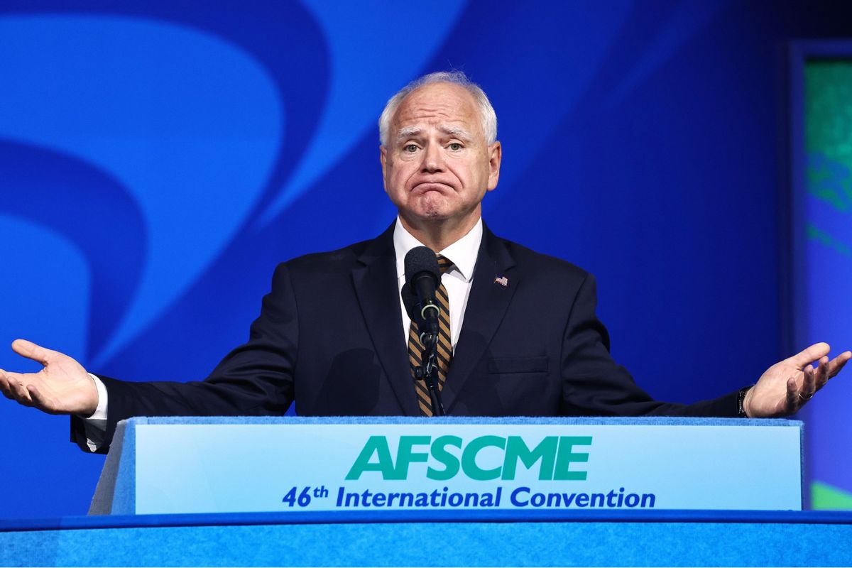 Democratic vice presidential candidate Minnesota Governor Tim Walz speaks at the 46th International Convention of the American Federation of State, County and Municipal Employees (AFSCME) at the Los Angeles Convention Center on August 13, 2024 in Los Angeles, California.  (Mario Tama/Getty Images)