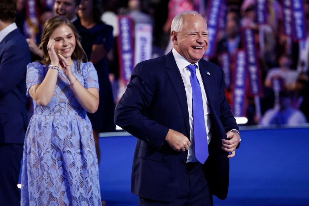 Democratic vice presidential nominee Minnesota Gov. Tim Walz celebrates after accepting the Democratic vice presidential nomination on stage during the third day of the Democratic National Convention at the United Center on August 21, 2024, in Chicago, Illinois. (Kevin Dietsch/Getty Images)