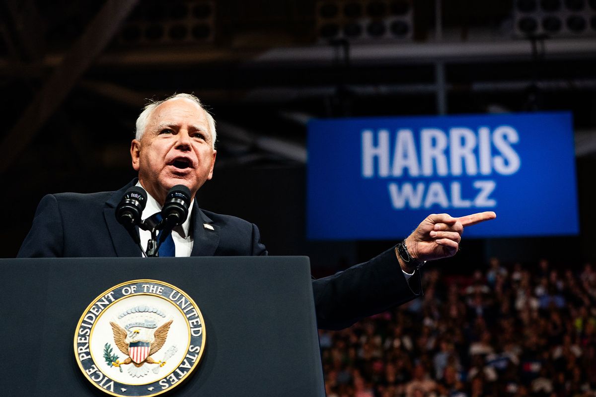 Democratic vice presidential nominee Minnesota Governor Tim Walz delivers remarks during a campaign event at the Liacouras Center at Temple University in Philadelphia, PA on Tuesday, August 6, 2024. (Demetrius Freeman/The Washington Post via Getty Images)