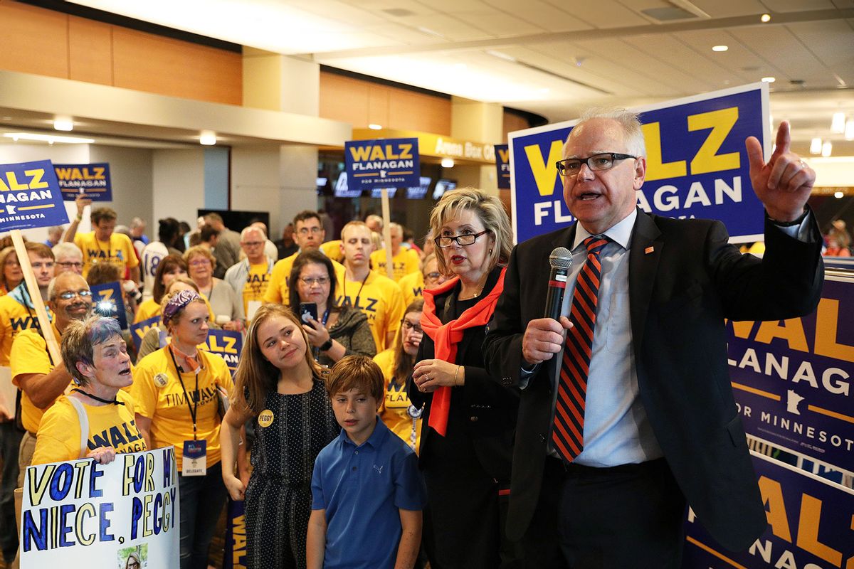 Minnesota DFL(Democratic-Farmer-Labor Party) candidate for governor Tim Walz rallied supporters as he stood with his wife Gwen, son Gus, and daughter Hope, Saturday morning, June 2, 2018 during the DFL State Convention at the Mayo Civic Center in Rochester, Minn. (Anthony Souffle/Star Tribune via Getty Images)