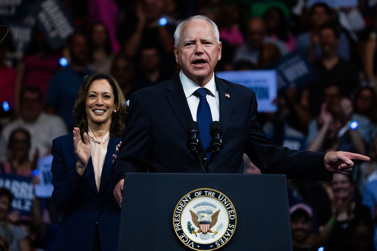 Minnesota Gov. Tim Walz, the running mate of Vice President Kamala Harris, Democratic nominee for president, addresses a rally to kick off their campaign at the Liacouras Center in Philadelphia, Pa., on Tuesday, August 6, 2024. (Tom Williams/CQ-Roll Call, Inc via Getty Images)