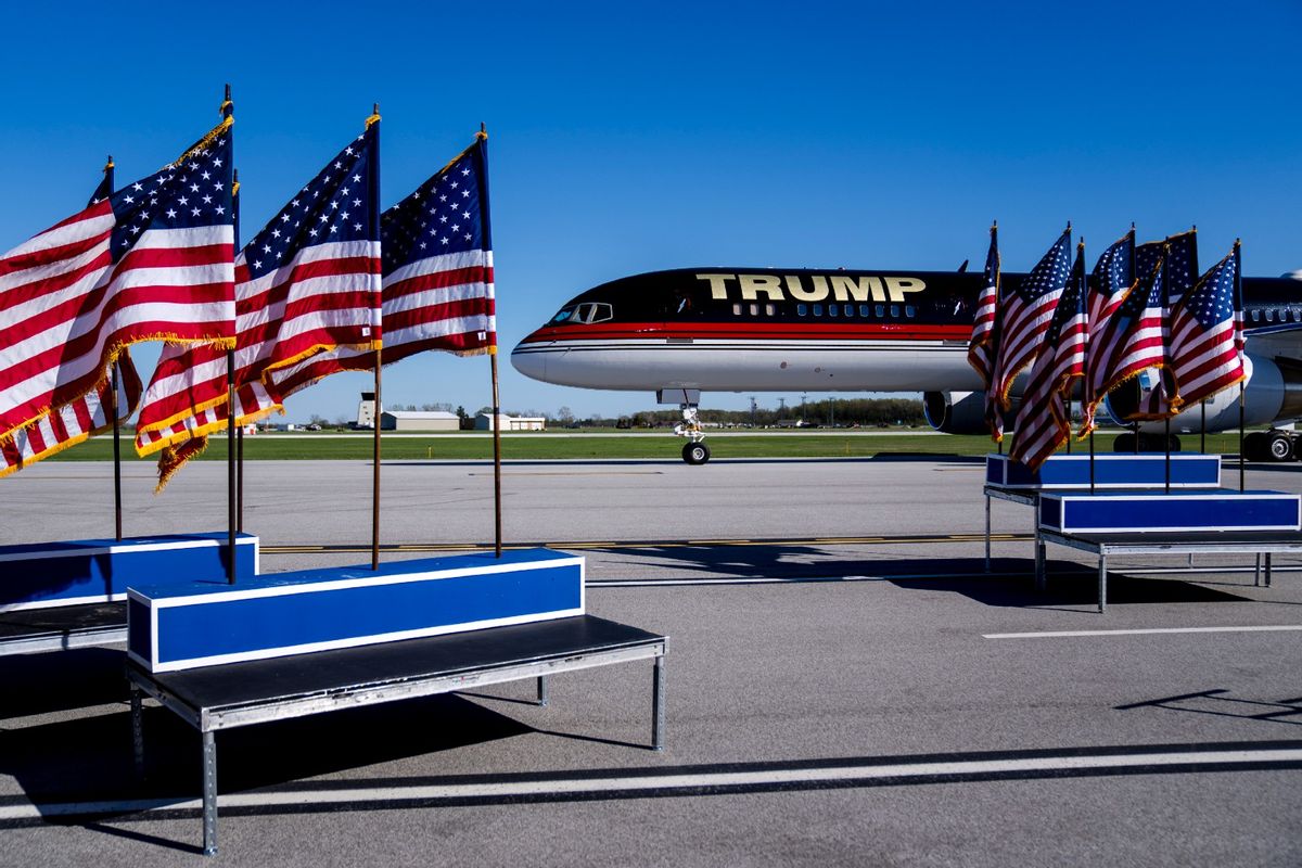 A plane carrying Republican presidential candidate, former U.S. President Donald Trump arrives for a rally on May 1, 2024, at Avflight Saginaw in Freeland, Michigan. (Nic Antaya/Getty Images)