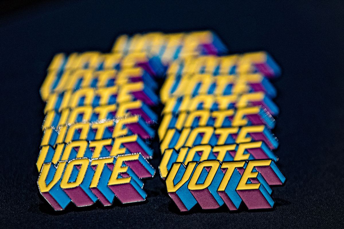 "Vote" pins are displayed at a voter registration booth at the Jason Mraz concert at Pechanga Resort Casino on August 10, 2024 in Temecula, California. (Daniel Knighton/Getty Images)