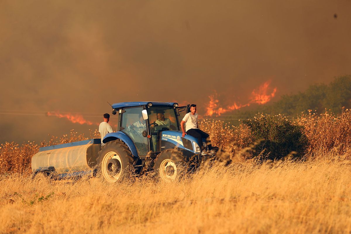 Wildfire continues as aerial and ground firefighting teams try to extinguish the fire that broke out Salihli and Golmarmara districts of Manisa, Turkiye on August 17, 2024. (Ahmet Bayram/Anadolu via Getty Images)