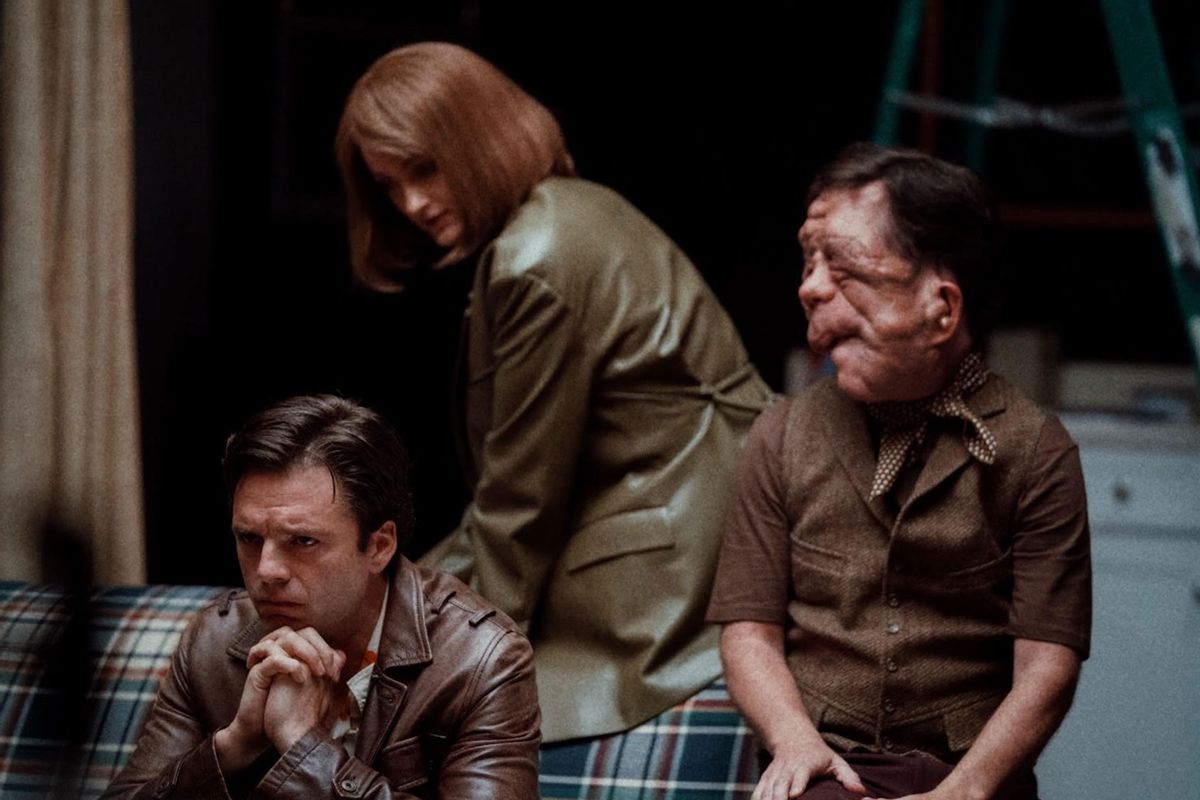 Sebastian Stan, Renate Reinsve and Adam Pearson in "A Different Man" (Courtesy of A24/Matt Infante)