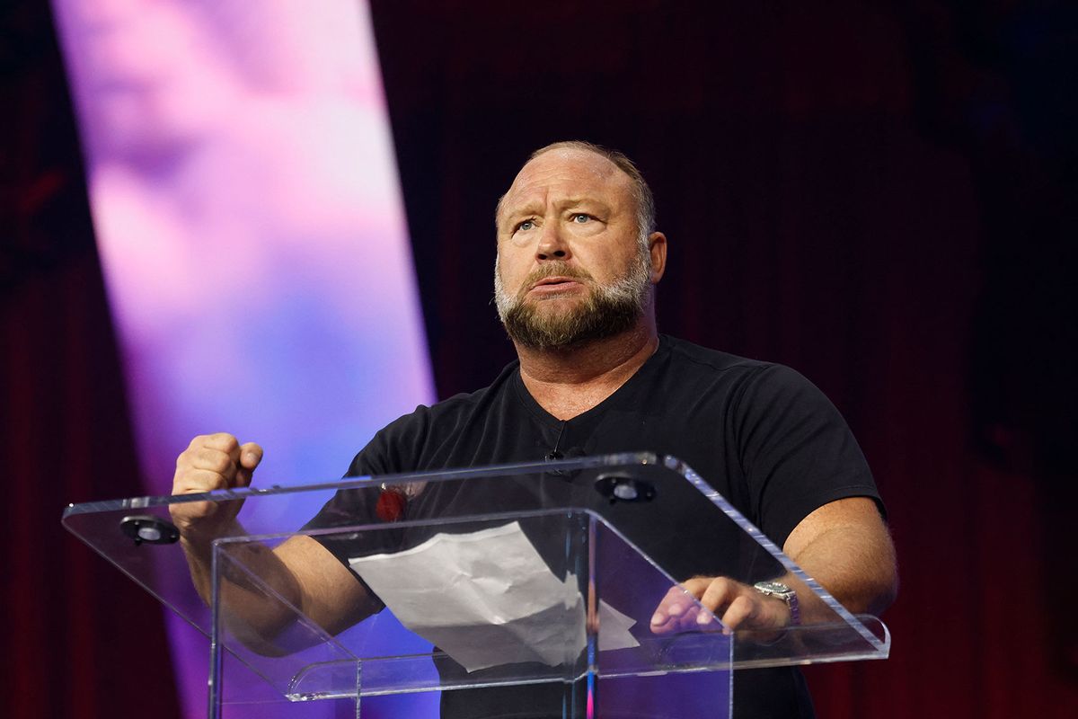 American far-right, alt-right radio show Alex Jones addresses the conservative Turning Point People's Convention on June 16, 2024 at Huntington Place in Detroit, Michigan. (JEFF KOWALSKY/AFP via Getty Images)