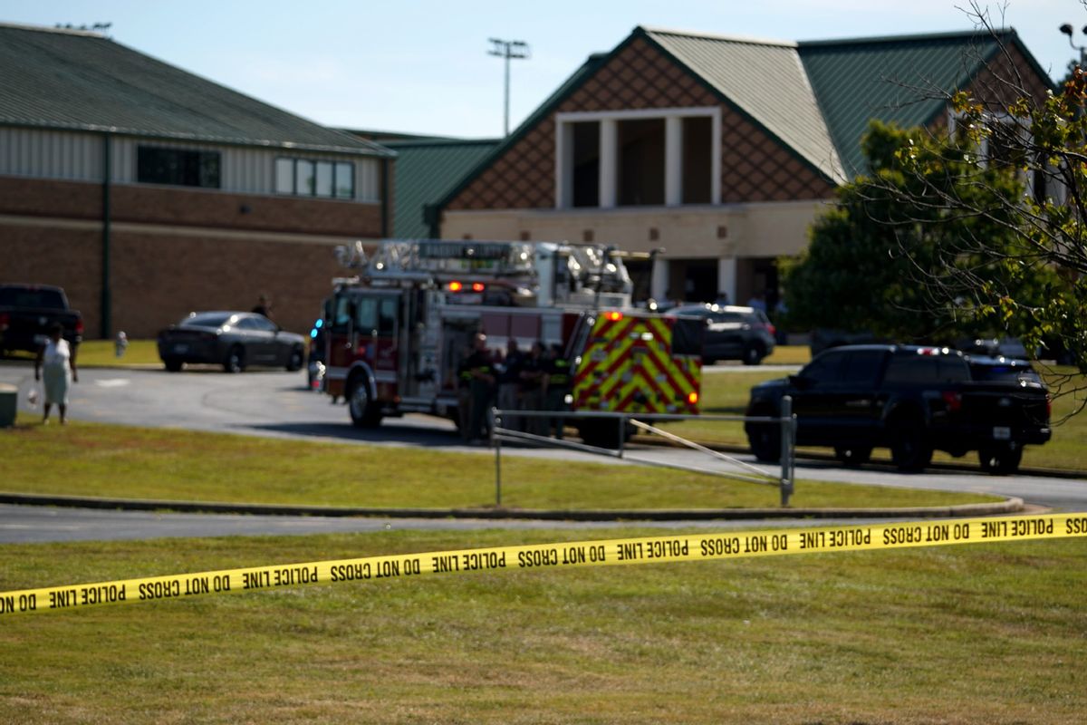 A police line is put up in front of Apalachee High School after a school shooting took place on September 4, 2024 in Winder, Georgia. (Megan Varner/Getty Images)