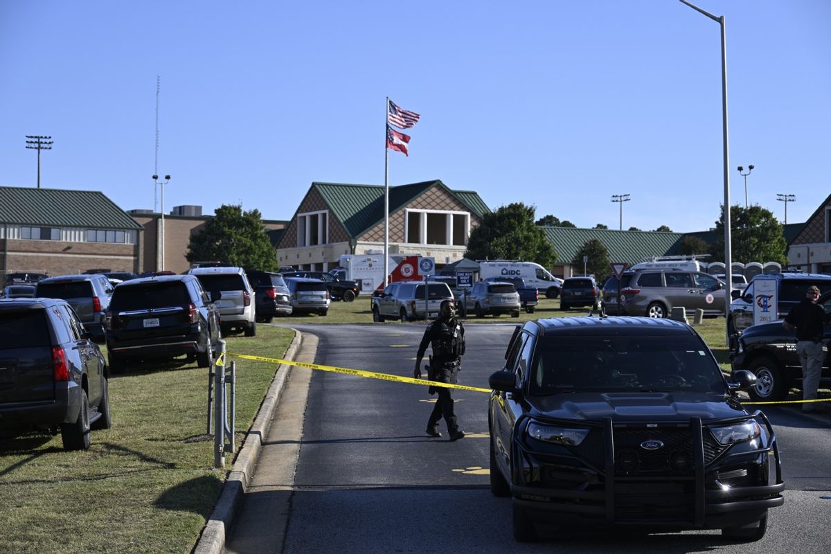 Measures are taken by security forces on the scene of a mass shooting at Apalachee High School in Winder, Georgia, United States on September 04, 2024. (Peter Zay/Anadolu via Getty Images)