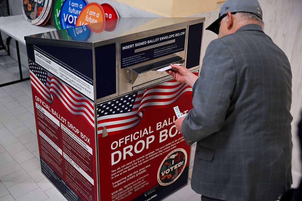 A man cast his vote for Presidential Primary Elections at the City Hall of San Francisco in California, United States on March 5, 2024. (Tayfun Coskun/Anadolu via Getty Images)