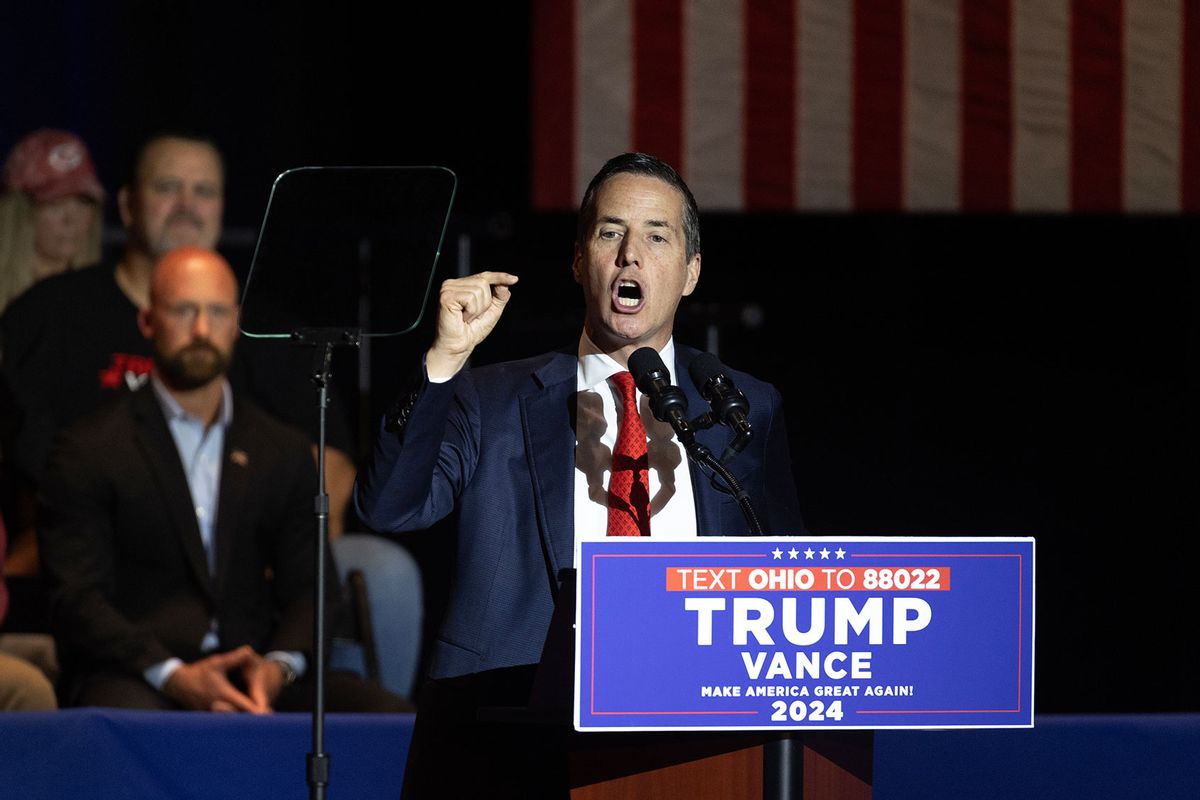 U.S. Senate candidate Bernie Moreno (R-OH) speaks to guests during a campaign rally with Republican vice presidential nominee Sen. JD Vance (R-OH) at Middletown High School on July 22, 2024 in Middletown, Ohio. (Scott Olson/Getty Images)