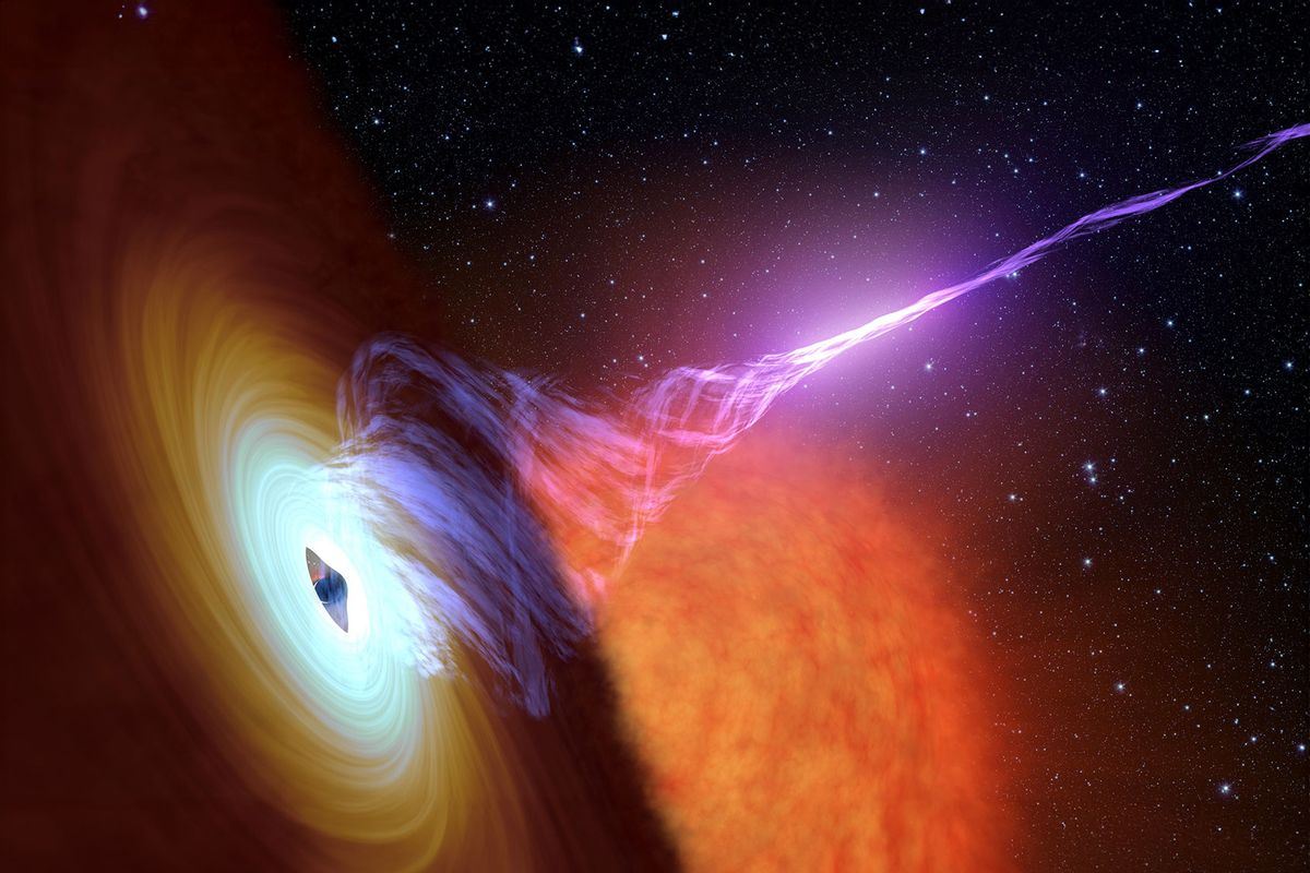 This artist's concept shows a black hole with an accretion disk - a flat structure of material orbiting the black hole - and a jet of hot gas, called plasma. (NASA/JPL-Caltech)