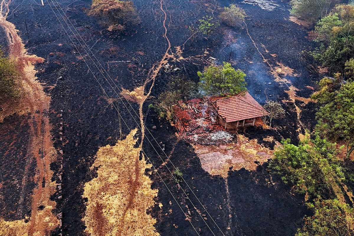 Aerial view shows a house destroyed by a fire in the surroundings of the SP-330 highway in Ribeirao Preto, Sao Paulo state, Brazil on August 25, 2024. (CARLOS FABAL/AFP via Getty Images)