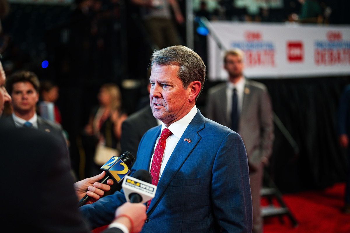 Georgia Gov. Brian Kemp (R) talks with journalists in the spin room ahead of the first presidential debate of the 2024 elections between former president Donald Trump and President Joe Biden, at CNN's studios in Atlanta, Ga on Thursday, June 27, 2024. (Kevin D. Liles for The Washington Post via Getty Images)