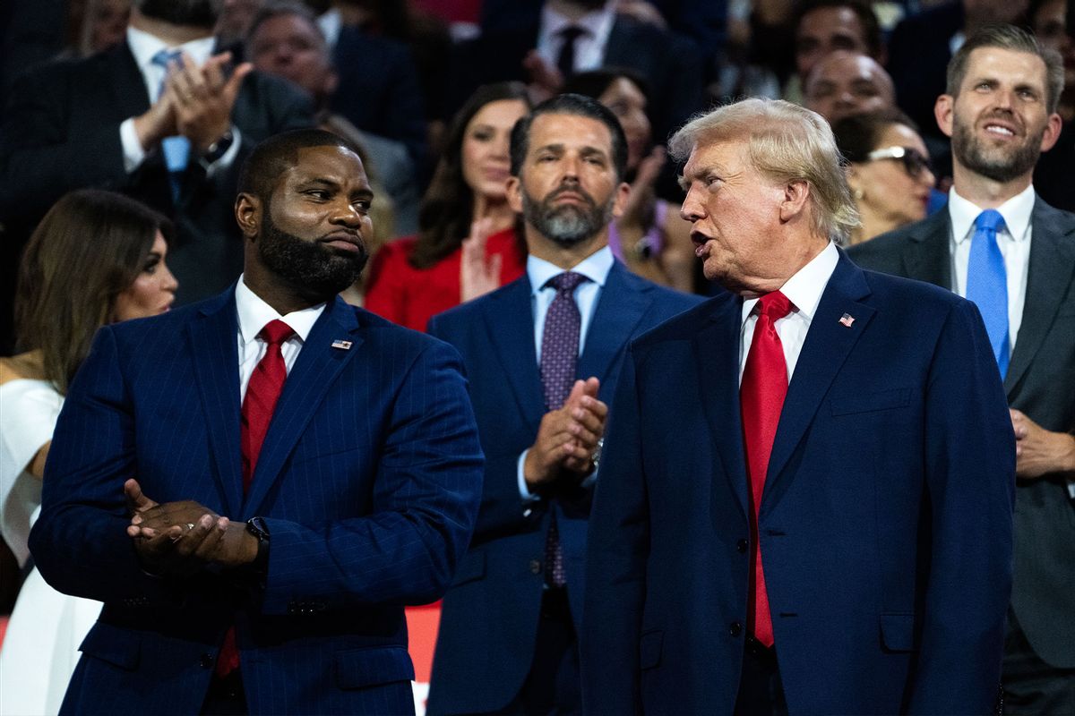 Former President Donald Trump, the Republican presidential nominee, and Rep. Byron Donalds, R-Fla., are seen in the Fiserv Forum on the first day of Republican National Convention in Milwaukee, Wis., on Monday, July 15, 2024. (Tom Williams/CQ-Roll Call, Inc via Getty Images)