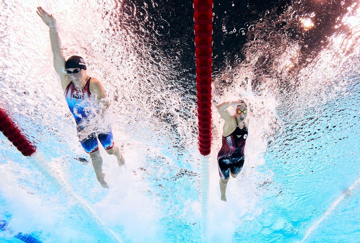 (EDITORS NOTE: Image was captured using an underwater robotic camera.) Christie Raleigh-Crossley of Team United States (L) and Aurelie Rivart of Team Canada compete in the Women's 50m Freestyle S10 Final on day one of the Paris 2024 Summer Paralympic Games at Paris La Defense Arena on August 29, 2024 in Nanterre, France (Adam Pretty/Getty Images)