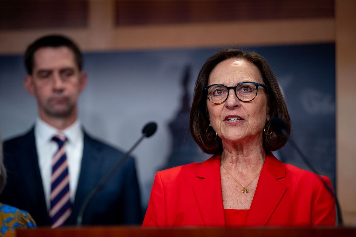 Sen. Deb Fischer, R-Neb., who now faces a tight race against independent candidate Dan Osborn, seen at a Capitol Hill news conference on May 1, 2024. (Andrew Harnik/Getty Images)