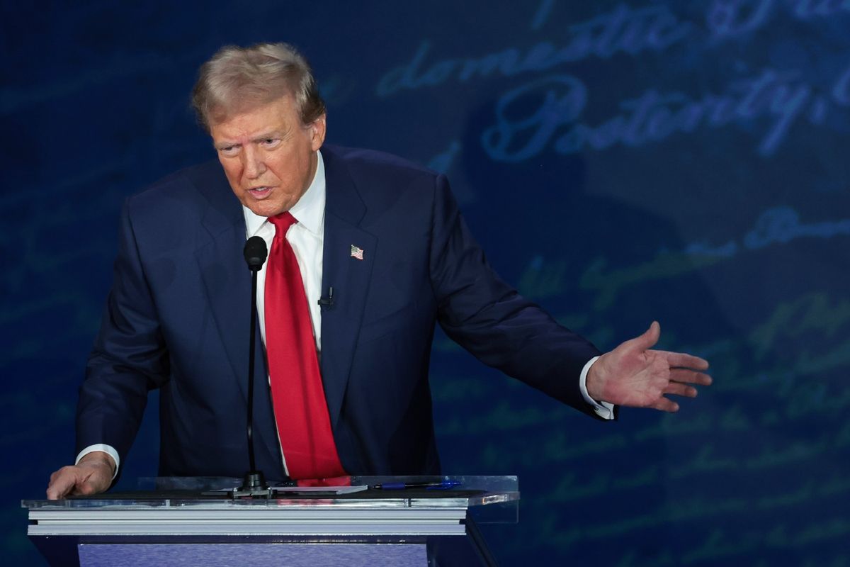 Republican presidential nominee, former U.S. President Donald Trump, debates Democratic presidential nominee, U.S. Vice President Kamala Harris, for the first time during the presidential election campaign at The National Constitution Center on September 10, 2024 in Philadelphia, Pennsylvania.  (Win McNamee/Getty Images)