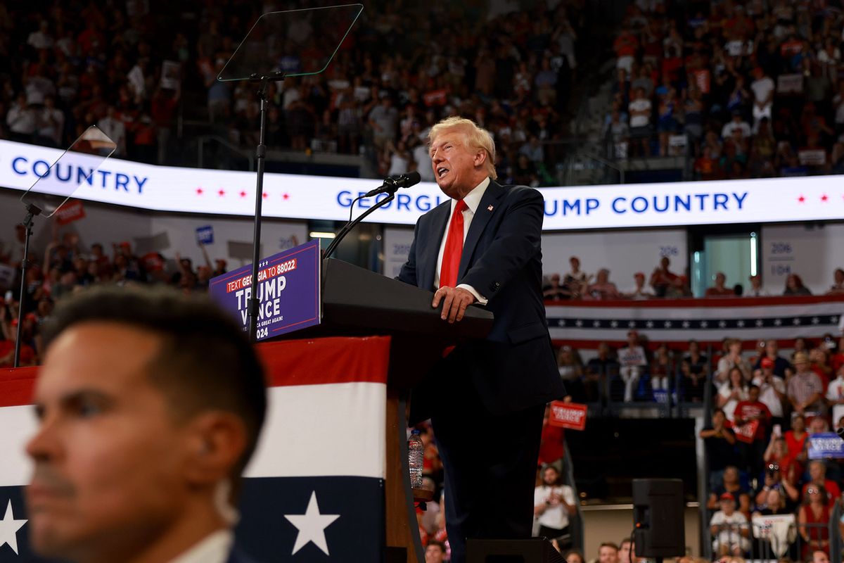 Republican presidential nominee, former U.S. President Donald Trump speaks during a campaign rally at the Georgia State University Convocation Center on August 03, 2024 in Atlanta, Georgia. (Joe Raedle/Getty Images)