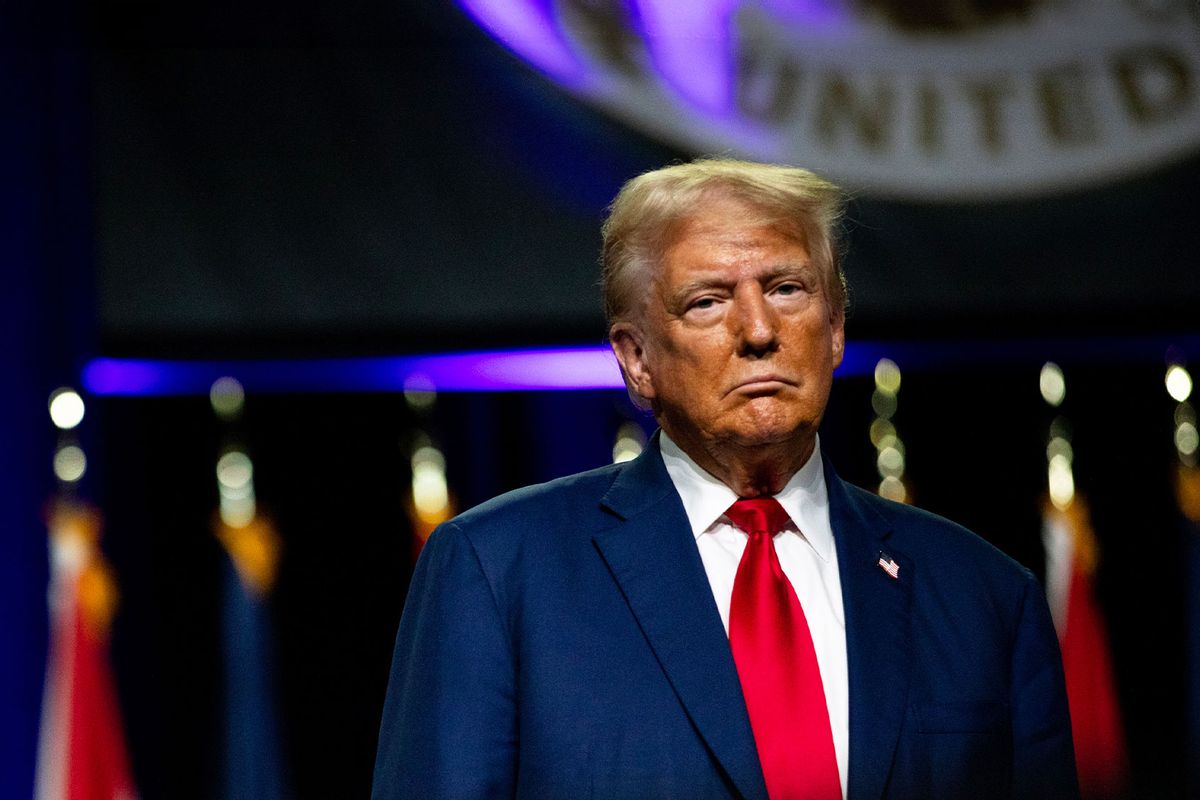 Republican presidential nominee, former U.S. President Donald Trump during the National Guard Association of the United States' 146th General Conference & Exhibition at Huntington Place Convention Center on August 26, 2024 in Detroit, Michigan. (Emily Elconin/Getty Images)