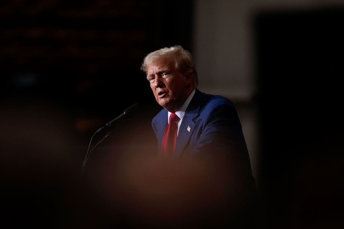 Former US President and Republican presidential candidate Donald Trump speaks about the economy during a campaign event in Potterville, Michigan, on August 29, 2024. (JEFF KOWALSKY/AFP via Getty Images)