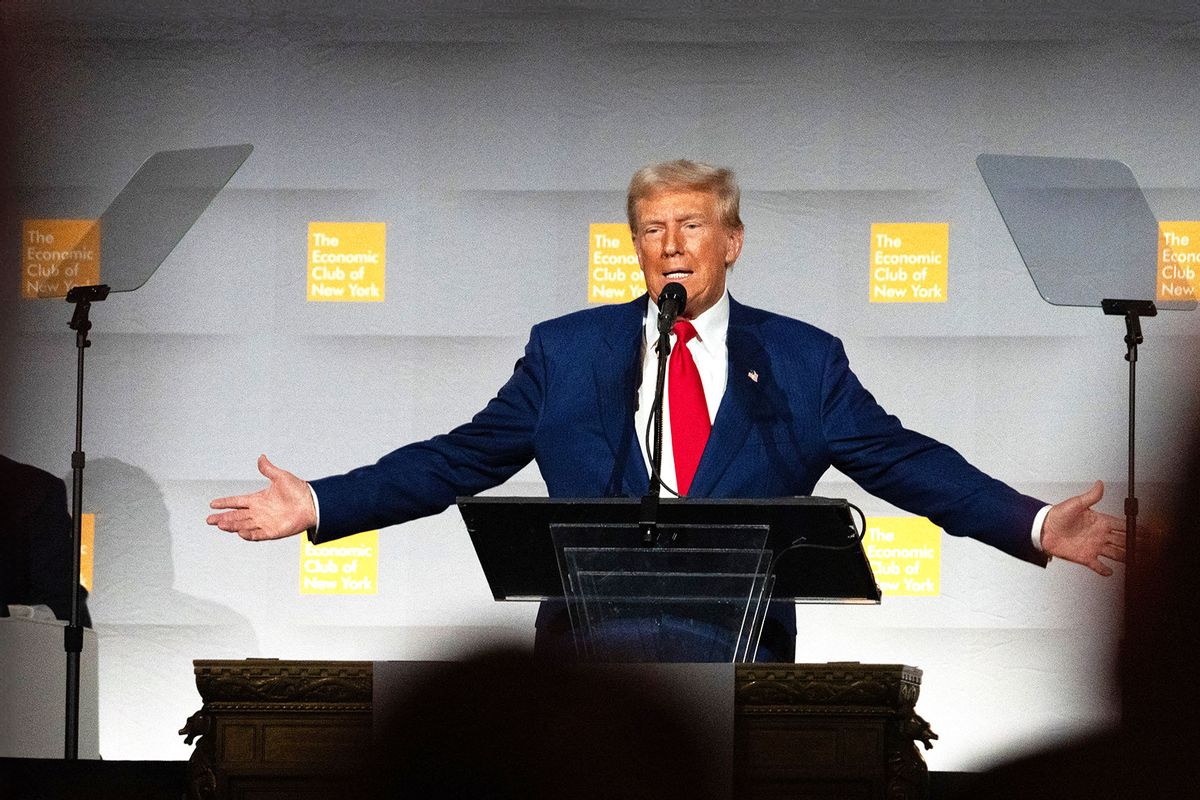 Former US President and Republican presidential candidate Donald Trump speaks at the Economic Club of New York on September 5, 2024. (DAVID DEE DELGADO/AFP via Getty Images)