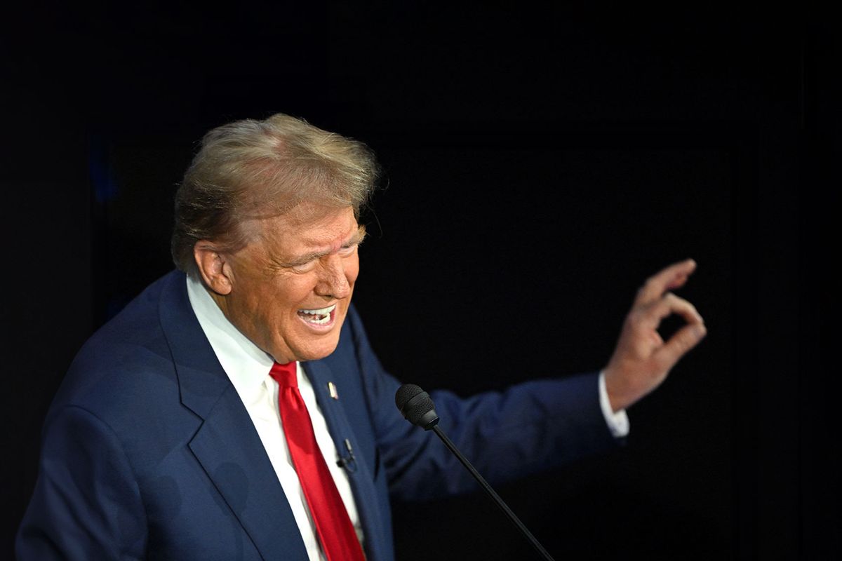 Former US President and Republican presidential candidate Donald Trump speaks during a presidential debate with US Vice President and Democratic presidential candidate Kamala Harris at the National Constitution Center in Philadelphia, Pennsylvania, on September 10, 2024. (SAUL LOEB/AFP via Getty Images)