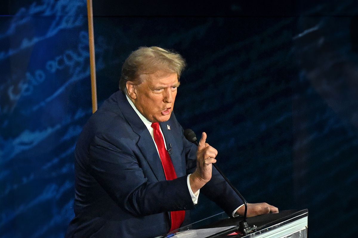 Former US President and Republican presidential candidate Donald Trump speaks during a presidential debate with US Vice President and Democratic presidential candidate Kamala Harris at the National Constitution Center in Philadelphia, Pennsylvania, on September 10, 2024. (SAUL LOEB/AFP via Getty Images)