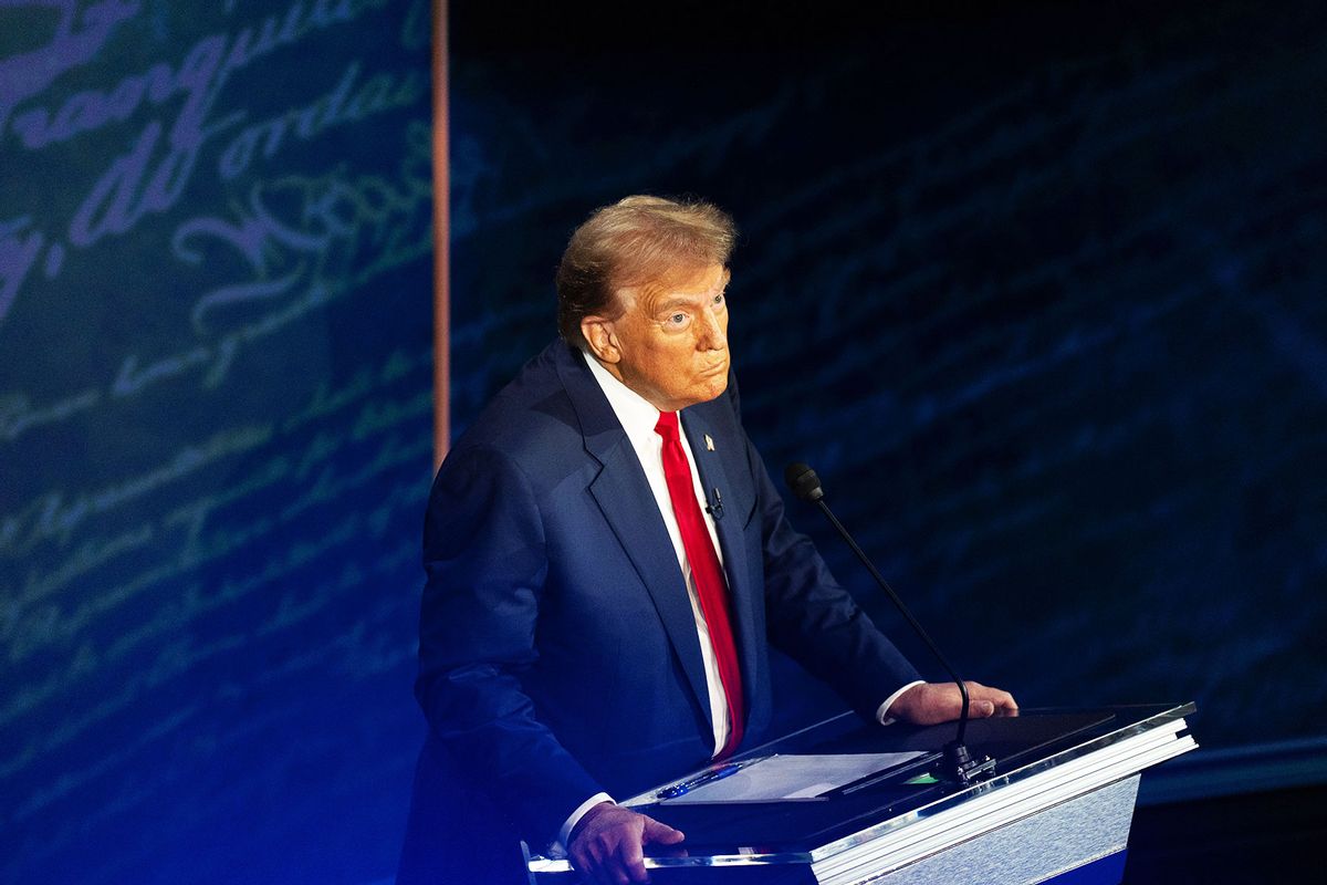 Former President and Republican presidential candidate Donald Trump reacts as Vice President and Democratic presidential candidate Kamala Harris speaks during the first presidential debate at National Constitution Center in Philadelphia, PA on Tuesday, Sept. 10, 2024. (Demetrius Freeman/The Washington Post via Getty Images)