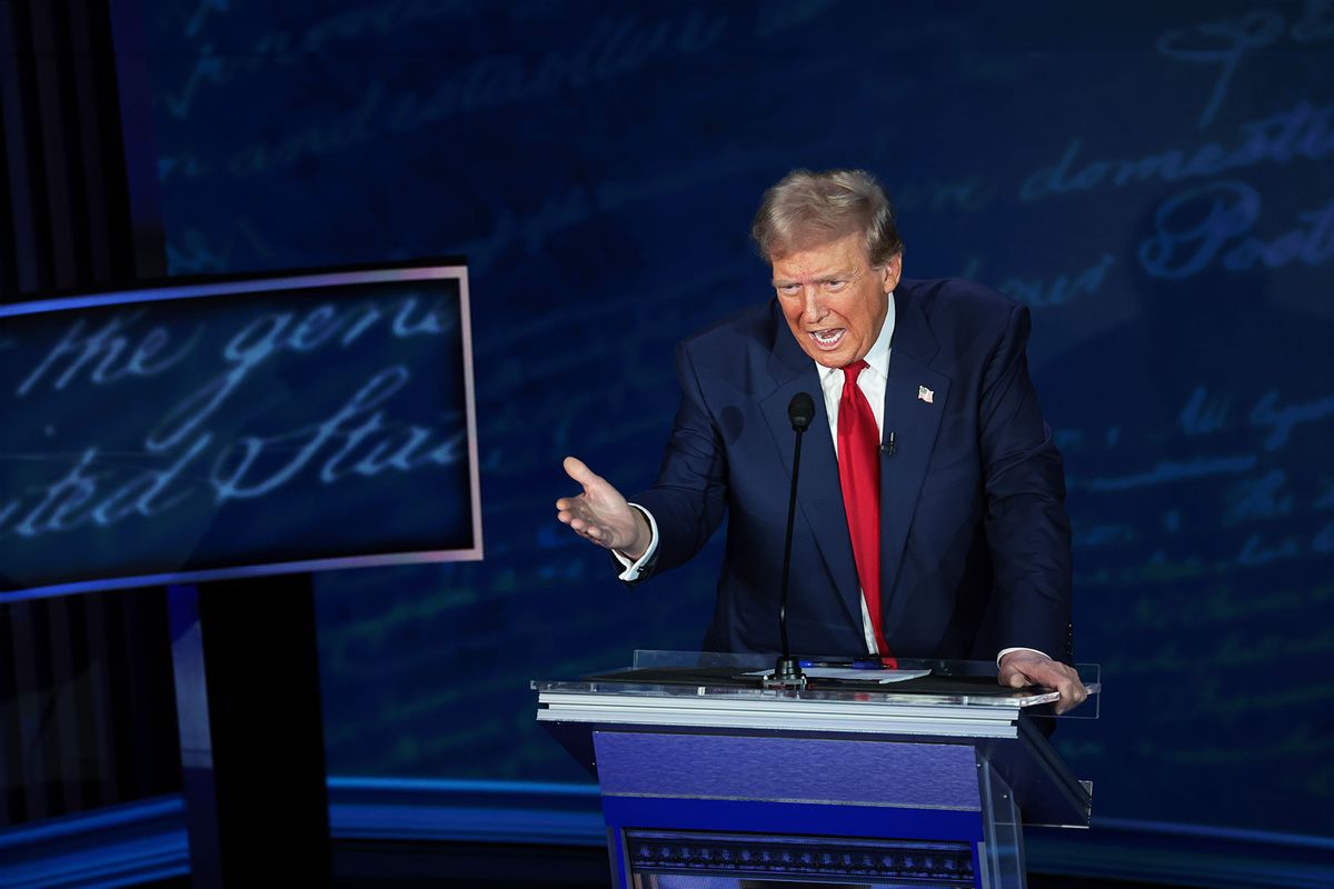 Republican presidential nominee, former U.S. President Donald Trump, debates Democratic presidential nominee, U.S. Vice President Kamala Harris, for the first time during the presidential election campaign at The National Constitution Center on September 10, 2024 in Philadelphia, Pennsylvania. (Win McNamee/Getty Images)