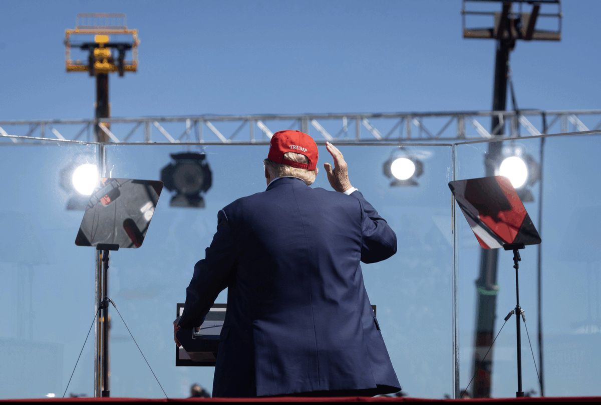 Republican presidential nominee former President Donald Trump speaks during a campaign event at the Central Wisconsin Airport on September 07, 2024 in Mosinee, Wisconsin. A recent poll has Trump trailing Democratic nominee Vice President Kamala Harris in the battleground state. (Photo by Scott Olson/Getty Images)