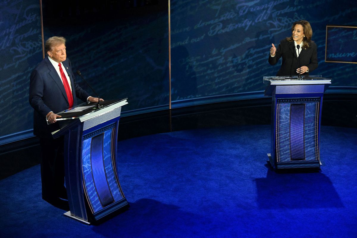 US Vice President and Democratic presidential candidate Kamala Harris (R) speaks during a presidential debate with former US President and Republican presidential candidate Donald Trump at the National Constitution Center in Philadelphia, Pennsylvania, on September 10, 2024. (SAUL LOEB/AFP via Getty Images)