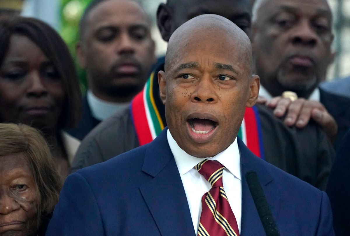 New York City Mayor Eric Adams talks to the press outside Gracie Mansion, the official residence of the mayor of New York City, on September 26, 2024, after he was indicted on federal criminal charges. US federal agents raided the official residence of Mayor Adams early September 26 ahead of the expected announcement of criminal charges against the former city cop. (TIMOTHY A. CLARY/POOL/AFP via Getty Images)