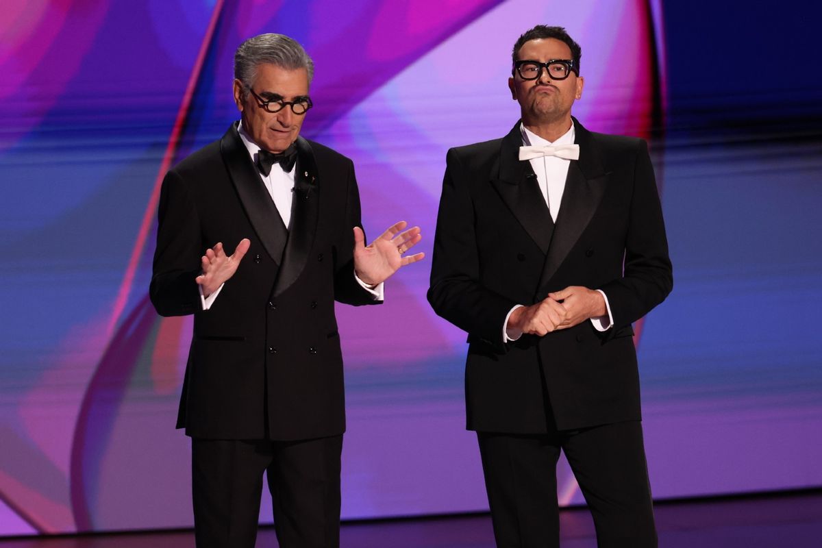 Eugene Levy and Dan Levy at the 76th Primetime Emmy Awards held at Peacock Theater on September 15, 2024 in Los Angeles, California. (Christopher Polk/Variety via Getty Images)