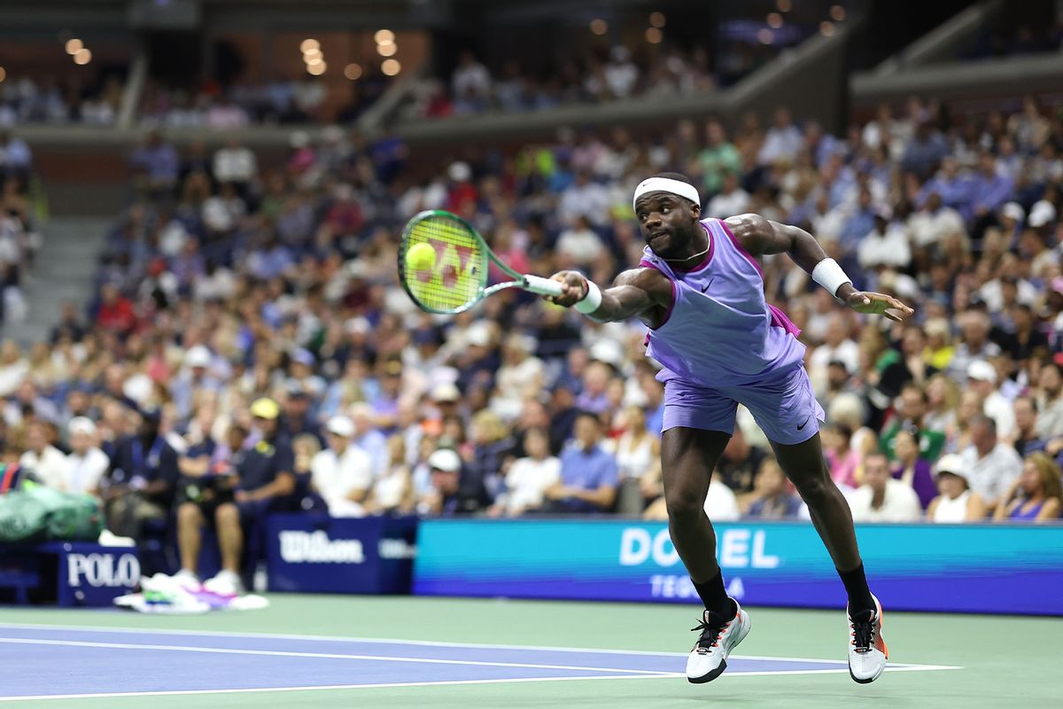 Frances Tiafoe of the United States returns a shot against Alexei Popyrin of Australia during their Men's Singles Fourth Round match on Day Seven of the 2024 US Open at USTA Billie Jean King National Tennis Center on September 01, 2024 in the Flushing neighborhood of the Queens borough of New York City. (Matthew Stockman/Getty Images)