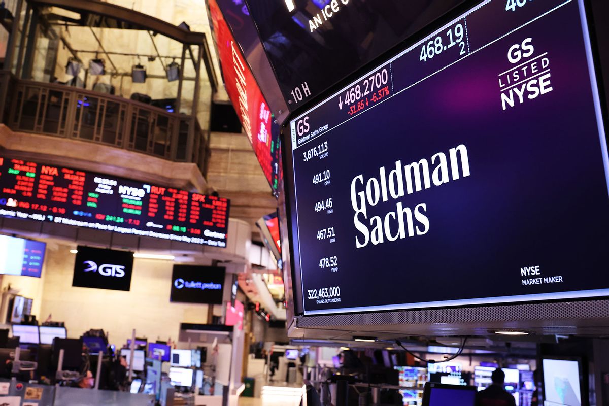 The Goldman Sachs company logo is displayed on a screen at the New York Stock Exchange during afternoon trading on August 02, 2024 in New York City. (Michael M. Santiago/Getty Images)