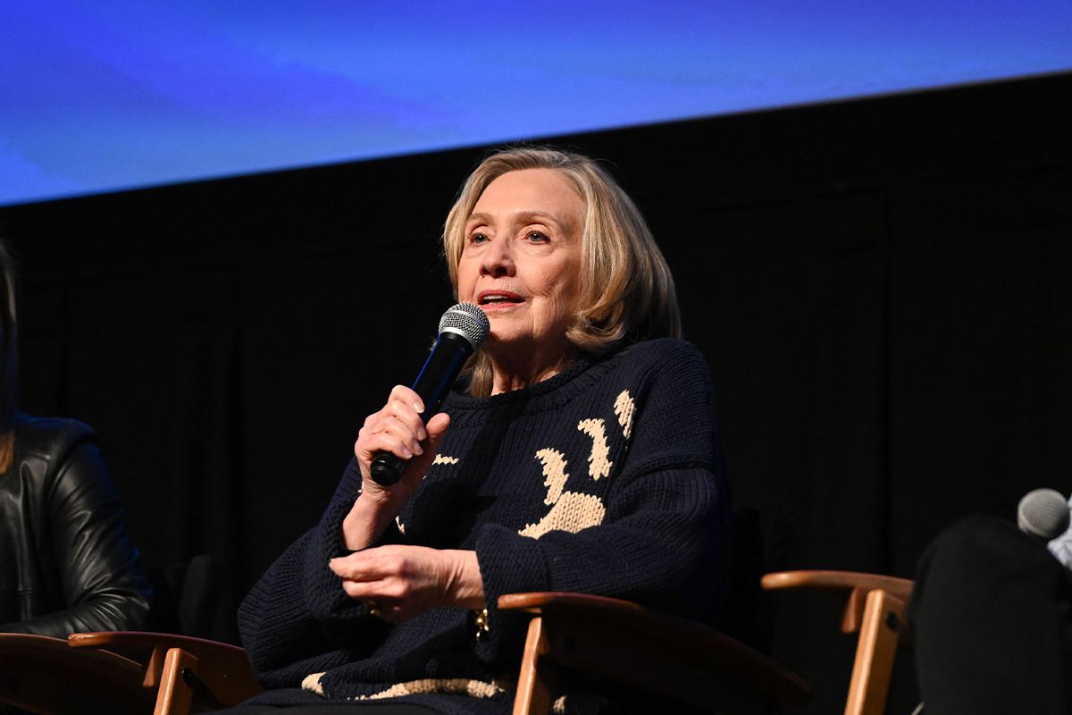 Hillary Clinton speaks after a screening of "ZURWSKI v Texas" at the 2024 Telluride Film Festival on August 31, 2024 in Telluride, Colorado. (Vivien Killilea/Getty Images)