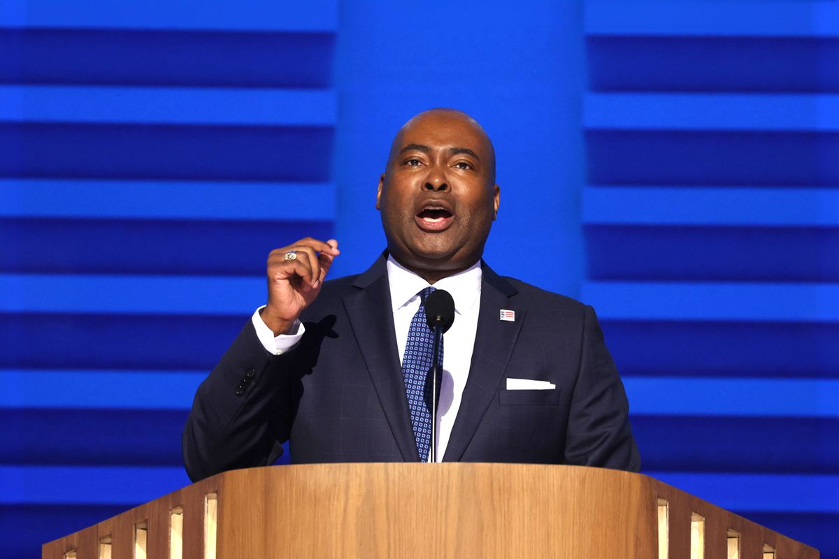 Jaime R. Harrison, Chairman of the Democratic National Committee, speaks onstage during the first day of the Democratic National Convention at the United Center on August 19, 2024 in Chicago, Illinois. (Alex Wong/Getty Images)