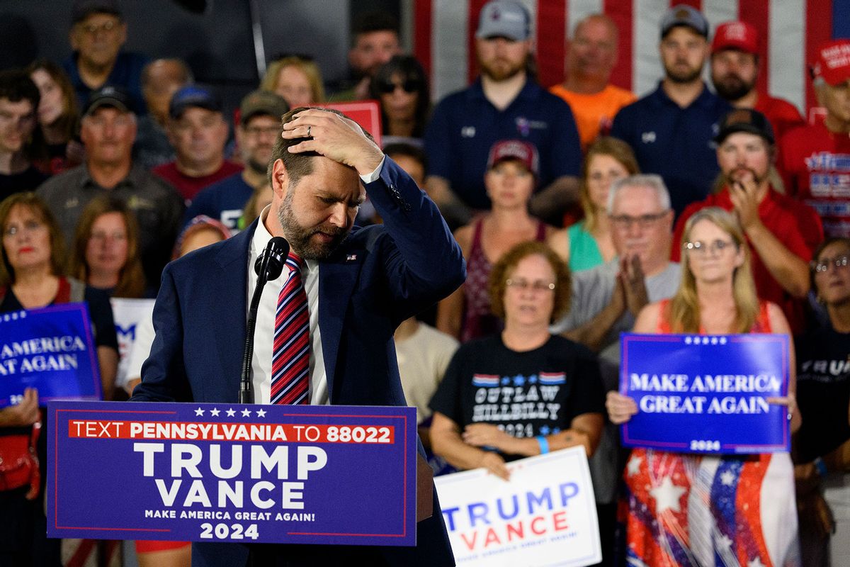 Republican vice presidential nominee, U.S. Sen. J.D. Vance (R-OH) speaks at a rally at trucking company, Team Hardinger on August 28, 2024 in Erie, Pennsylvania. (Jeff Swensen/Getty Images)